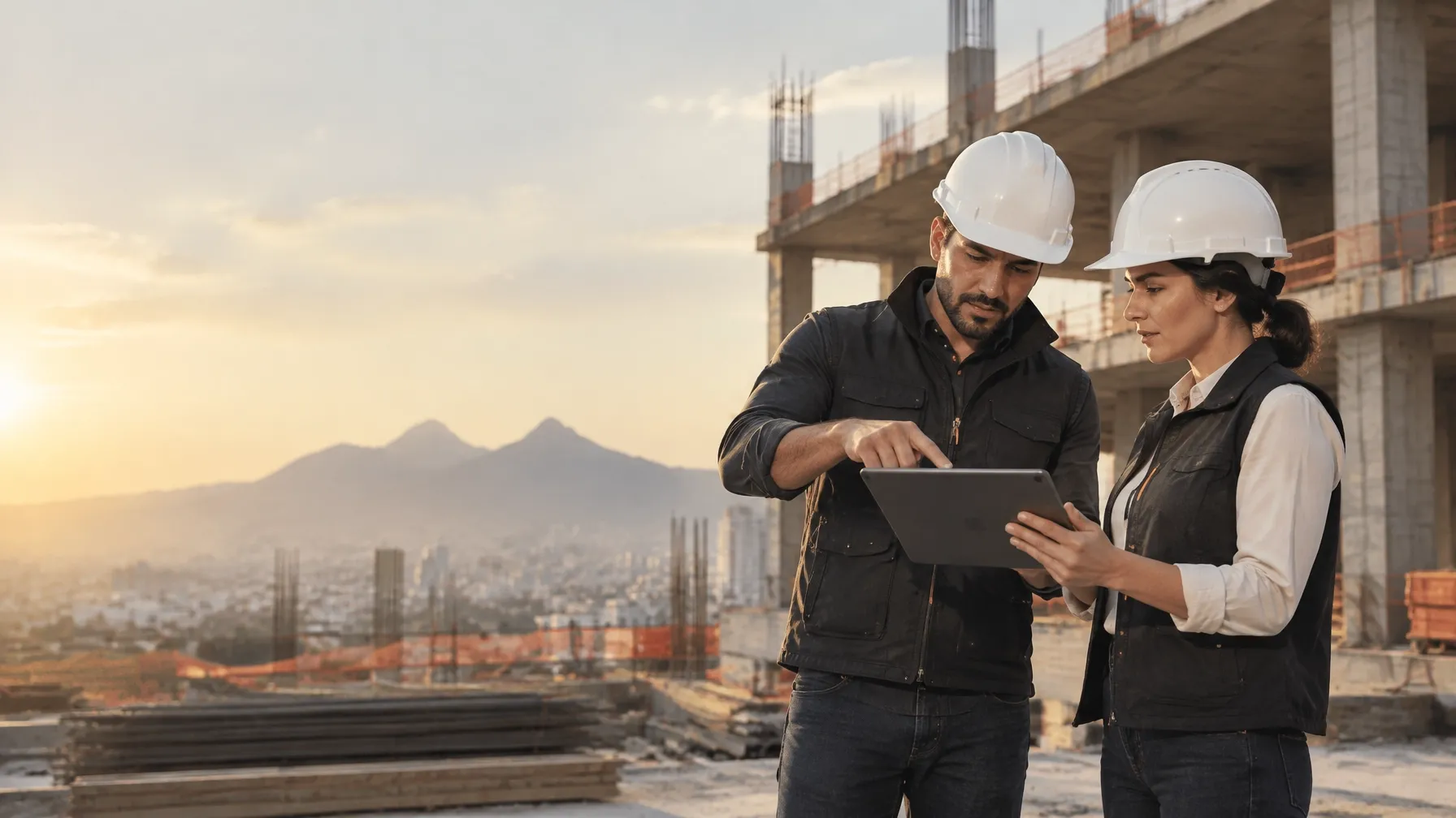Dos profesionales revisan información de obra en una tableta